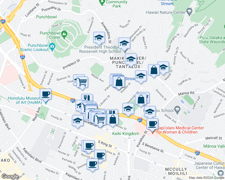 map of restaurants, bars, coffee shops, grocery stores, and more near 1216 Wilder Avenue in Honolulu