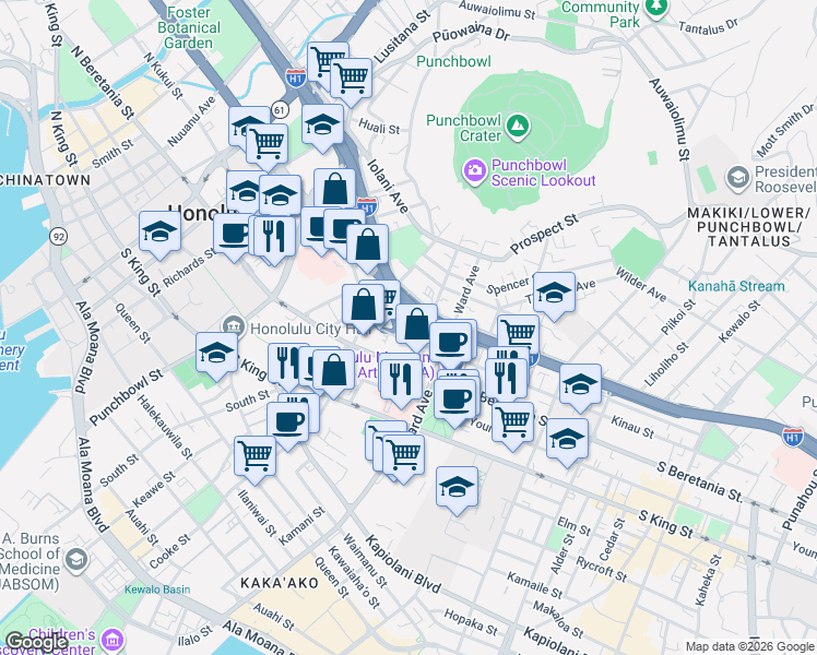 map of restaurants, bars, coffee shops, grocery stores, and more near 728 Kinau Street in Honolulu