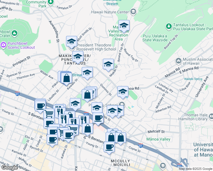 map of restaurants, bars, coffee shops, grocery stores, and more near 1533 Nehoa Street in Honolulu
