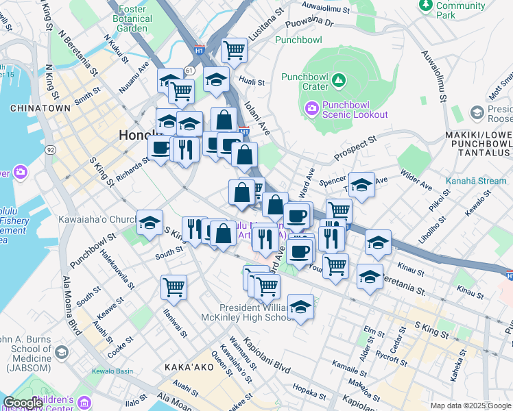 map of restaurants, bars, coffee shops, grocery stores, and more near 728 Kinau Street in Honolulu