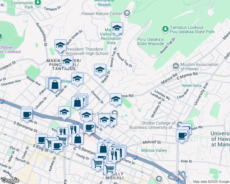map of restaurants, bars, coffee shops, grocery stores, and more near 1933 Ualakaa Street in Honolulu
