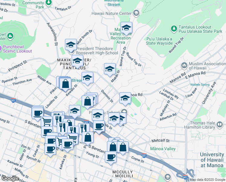 map of restaurants, bars, coffee shops, grocery stores, and more near 1533 Nehoa Street in Honolulu
