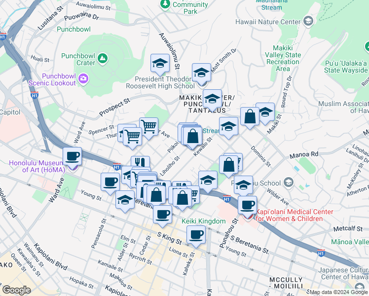 map of restaurants, bars, coffee shops, grocery stores, and more near 1223 Wilder Avenue in Honolulu