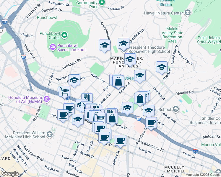 map of restaurants, bars, coffee shops, grocery stores, and more near 1223 Wilder Avenue in Honolulu