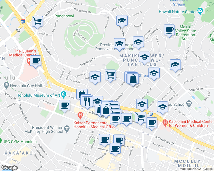 map of restaurants, bars, coffee shops, grocery stores, and more near 1535 Pensacola Street in Honolulu