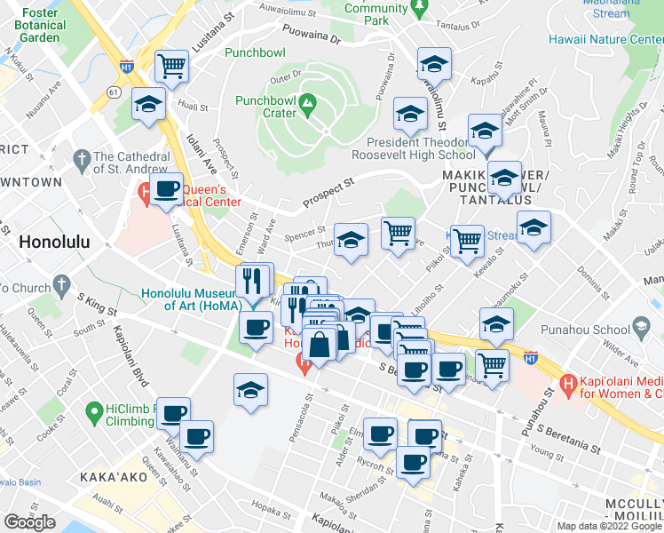 map of restaurants, bars, coffee shops, grocery stores, and more near 1058 Green Street in Honolulu