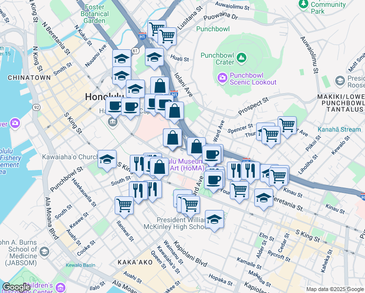 map of restaurants, bars, coffee shops, grocery stores, and more near 728 Kinau Street in Honolulu