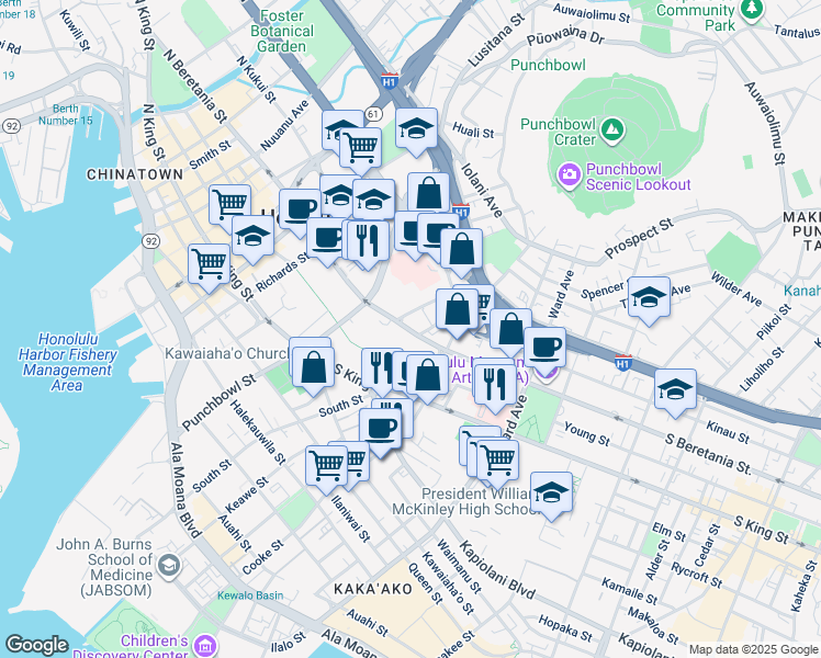 map of restaurants, bars, coffee shops, grocery stores, and more near in Honolulu