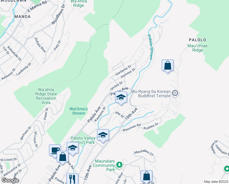 map of restaurants, bars, coffee shops, grocery stores, and more near 2350 Palolo Avenue in Honolulu