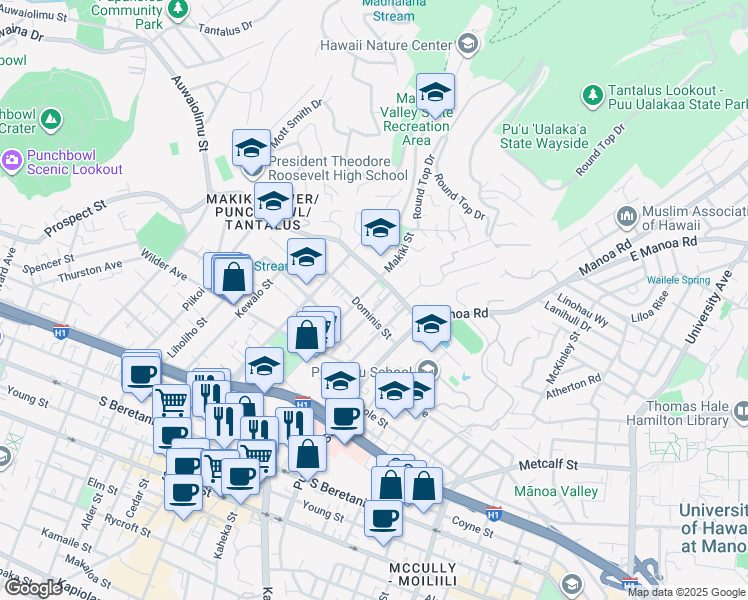 map of restaurants, bars, coffee shops, grocery stores, and more near 1818 Anapuni Street in Honolulu