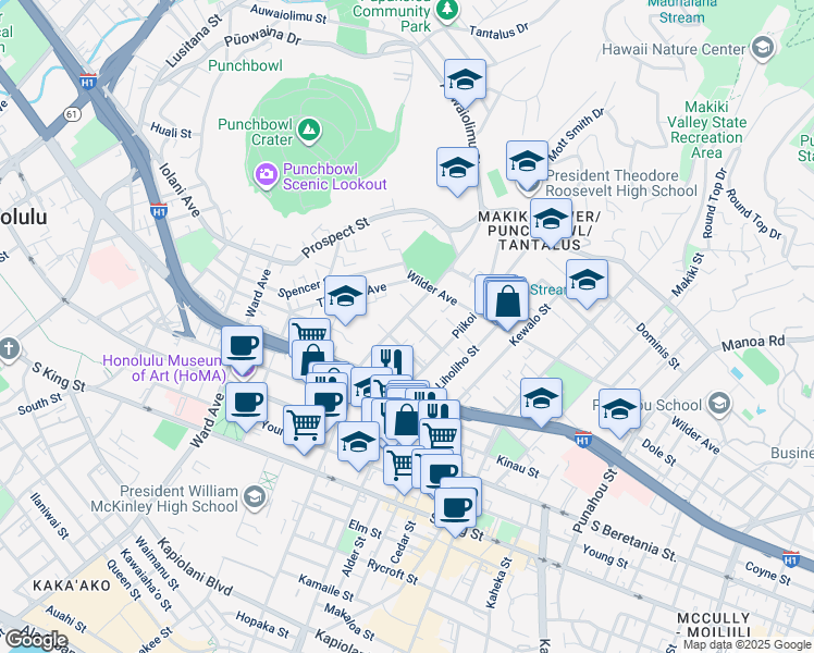 map of restaurants, bars, coffee shops, grocery stores, and more near 1109 Davenport Street in Honolulu
