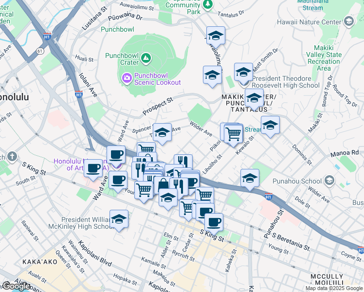 map of restaurants, bars, coffee shops, grocery stores, and more near 1508 Pensacola Street in Honolulu