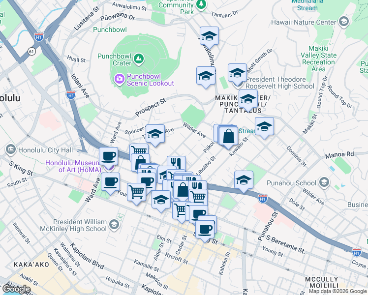 map of restaurants, bars, coffee shops, grocery stores, and more near 1535 Pensacola Street in Honolulu