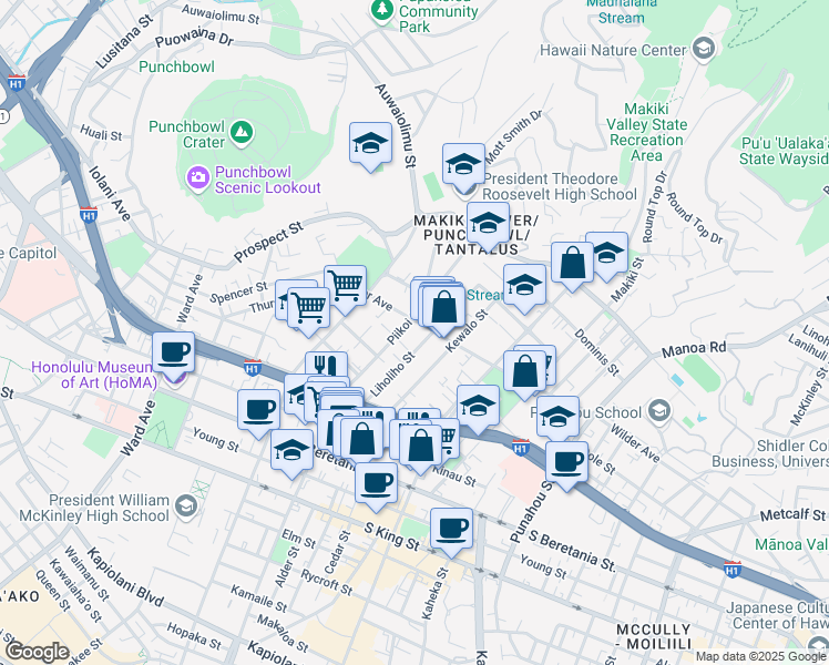 map of restaurants, bars, coffee shops, grocery stores, and more near 1548 Liholiho Street in Honolulu