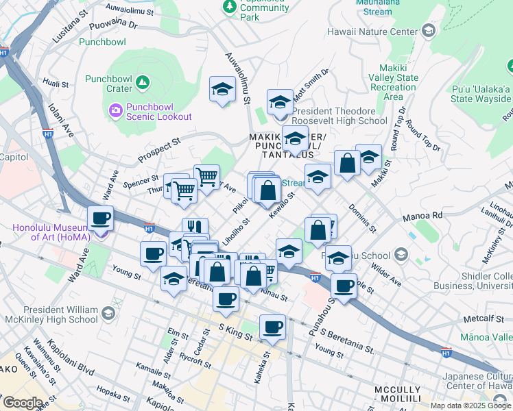 map of restaurants, bars, coffee shops, grocery stores, and more near 1223 Wilder Avenue in Honolulu