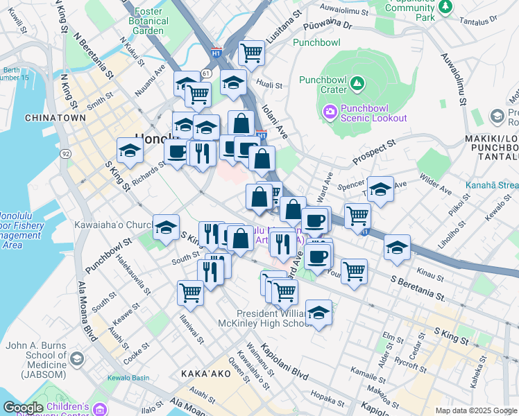 map of restaurants, bars, coffee shops, grocery stores, and more near 407 Kinau Street in Honolulu