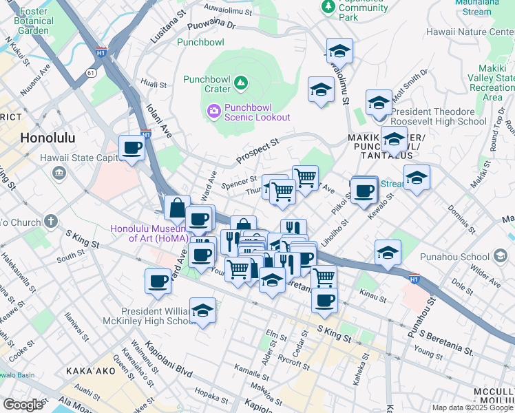 map of restaurants, bars, coffee shops, grocery stores, and more near 1058 Green Street in Honolulu
