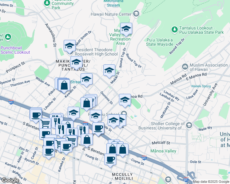 map of restaurants, bars, coffee shops, grocery stores, and more near 1545 Nehoa Street in Honolulu