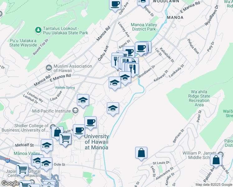 map of restaurants, bars, coffee shops, grocery stores, and more near 2655 Woodlawn Drive in Honolulu