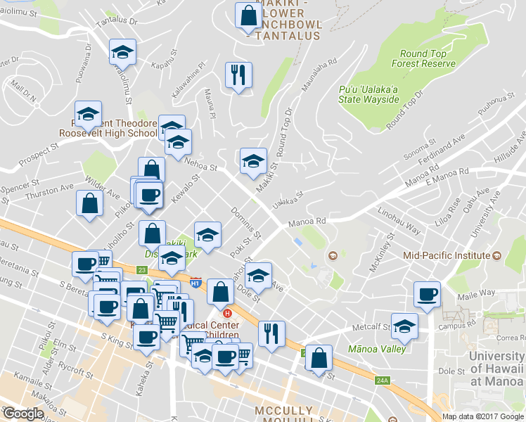 map of restaurants, bars, coffee shops, grocery stores, and more near 1533 Nehoa Street in Honolulu