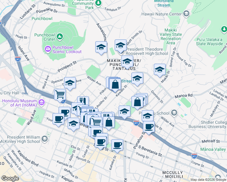 map of restaurants, bars, coffee shops, grocery stores, and more near 1223 Wilder Avenue in Honolulu