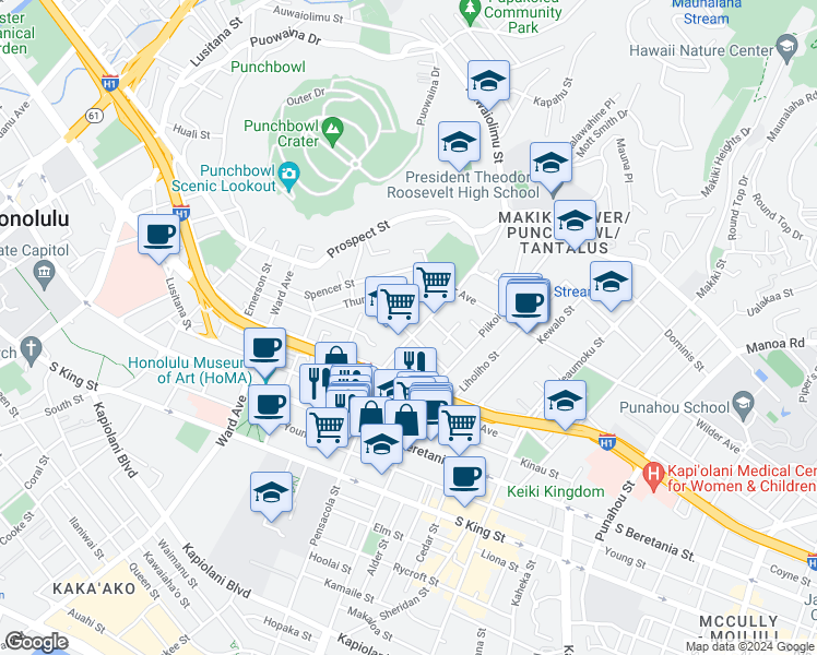 map of restaurants, bars, coffee shops, grocery stores, and more near 1508 Pensacola Street in Honolulu