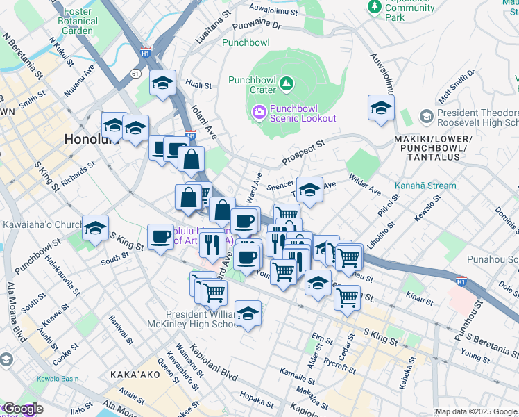 map of restaurants, bars, coffee shops, grocery stores, and more near 914 Lunalilo Street in Honolulu
