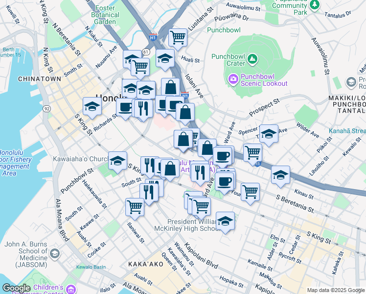 map of restaurants, bars, coffee shops, grocery stores, and more near 670 South Beretania Street in Honolulu