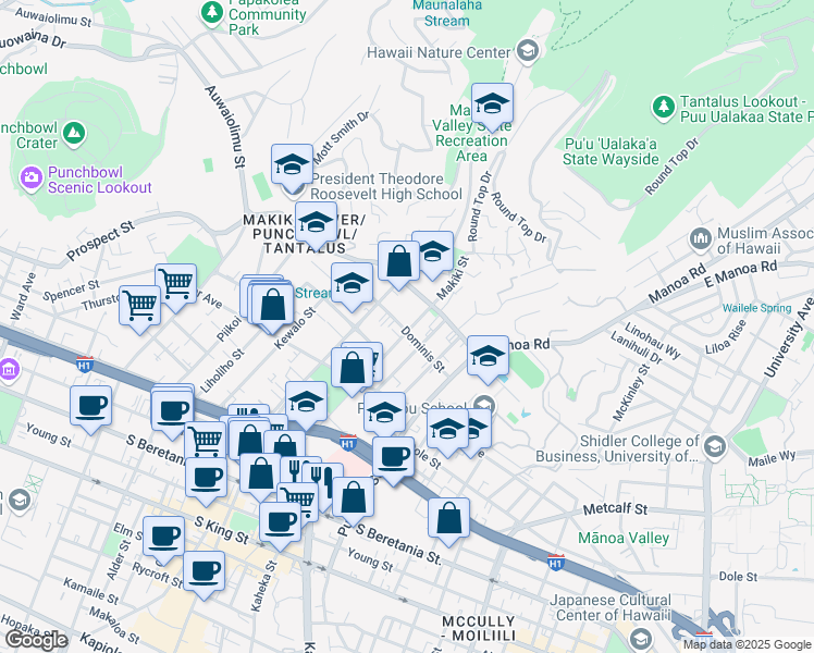 map of restaurants, bars, coffee shops, grocery stores, and more near 1802 Makiki Street in Honolulu