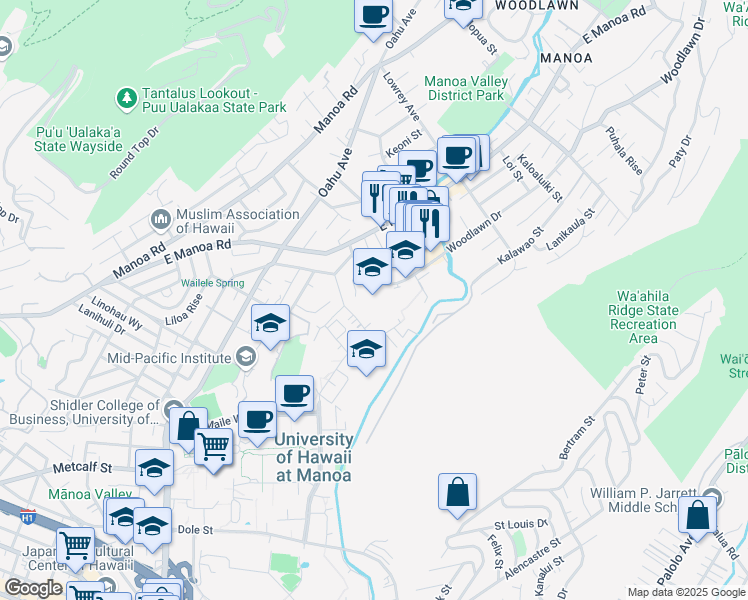 map of restaurants, bars, coffee shops, grocery stores, and more near 2655 Woodlawn Drive in Honolulu