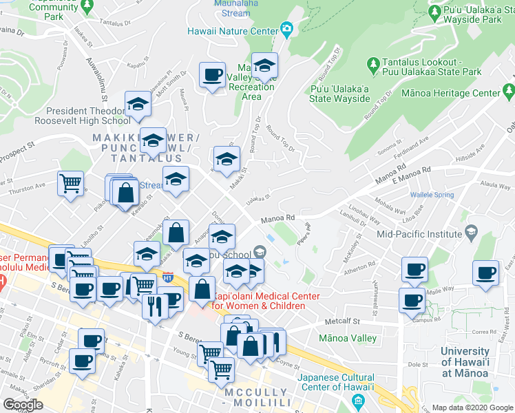 map of restaurants, bars, coffee shops, grocery stores, and more near 1933 Ualakaa Street in Honolulu