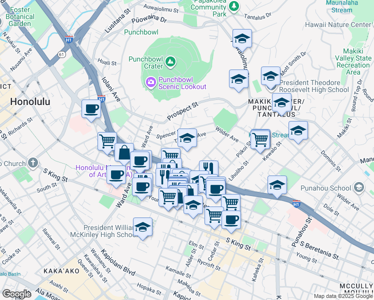 map of restaurants, bars, coffee shops, grocery stores, and more near 1058 Green Street in Honolulu