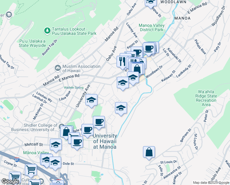 map of restaurants, bars, coffee shops, grocery stores, and more near 2636 Pamoa Road in Honolulu