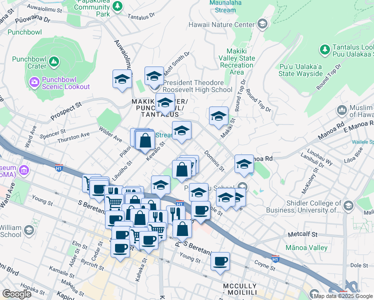map of restaurants, bars, coffee shops, grocery stores, and more near 1707 Ke’eaumoku Street in Honolulu