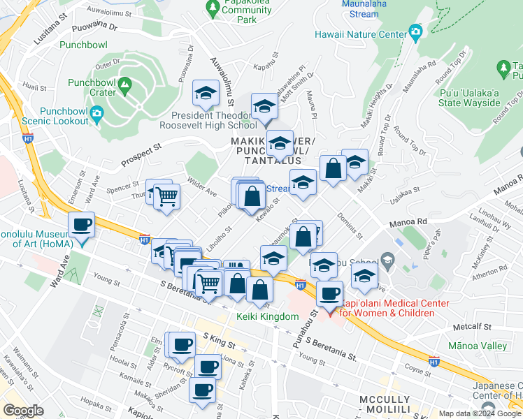 map of restaurants, bars, coffee shops, grocery stores, and more near in Honolulu