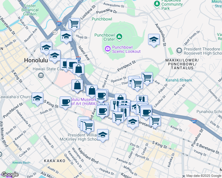 map of restaurants, bars, coffee shops, grocery stores, and more near 914 Lunalilo Street in Honolulu