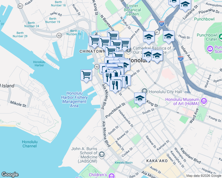 map of restaurants, bars, coffee shops, grocery stores, and more near in Honolulu