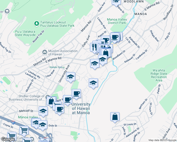 map of restaurants, bars, coffee shops, grocery stores, and more near 2636 Pamoa Road in Honolulu