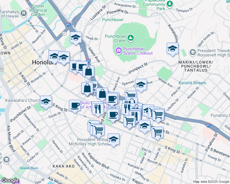 map of restaurants, bars, coffee shops, grocery stores, and more near 914 Lunalilo Street in Honolulu