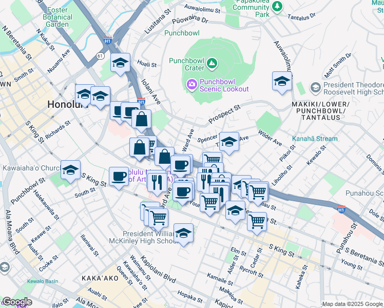 map of restaurants, bars, coffee shops, grocery stores, and more near 918 Lunalilo Street in Honolulu