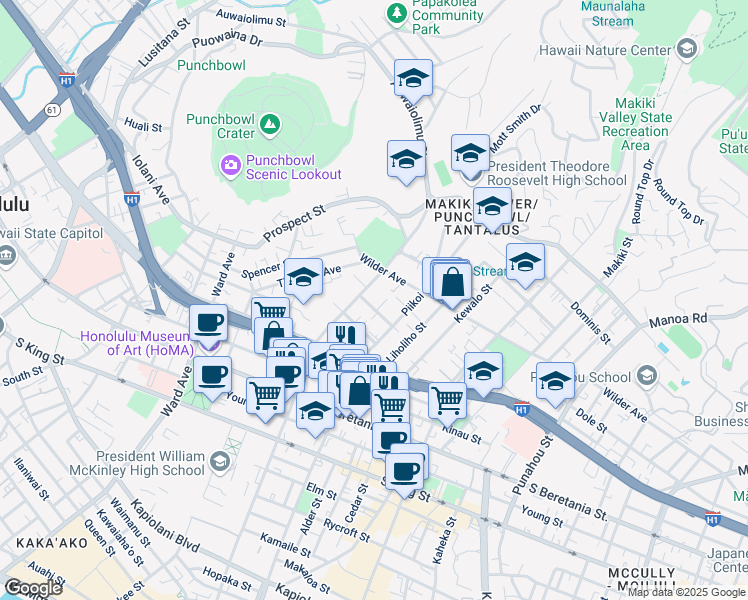 map of restaurants, bars, coffee shops, grocery stores, and more near 1535 Pensacola Street in Honolulu