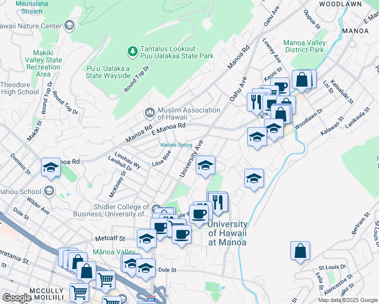 map of restaurants, bars, coffee shops, grocery stores, and more near 2317 Armstrong Street in Honolulu