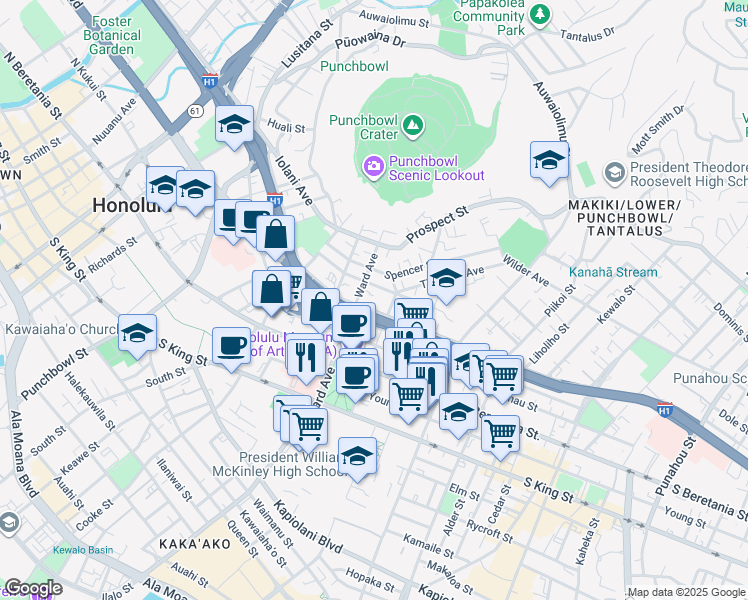 map of restaurants, bars, coffee shops, grocery stores, and more near 918 Lunalilo Street in Honolulu