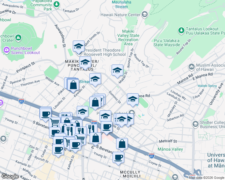 map of restaurants, bars, coffee shops, grocery stores, and more near 1819 Makiki Street in Honolulu