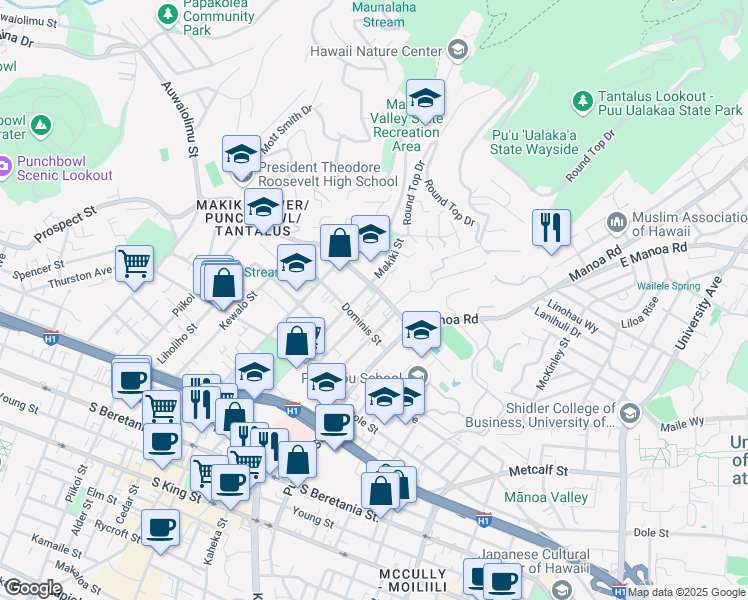 map of restaurants, bars, coffee shops, grocery stores, and more near 1533 Nehoa Street in Honolulu