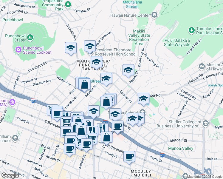 map of restaurants, bars, coffee shops, grocery stores, and more near 1707 Ke’eaumoku Street in Honolulu