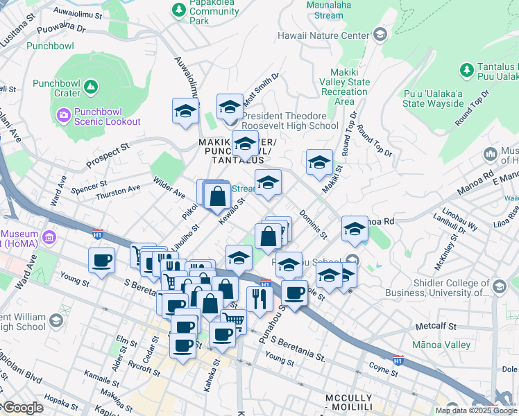 map of restaurants, bars, coffee shops, grocery stores, and more near 1327 Moku Place in Honolulu