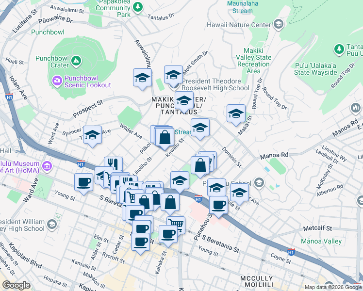 map of restaurants, bars, coffee shops, grocery stores, and more near in Honolulu