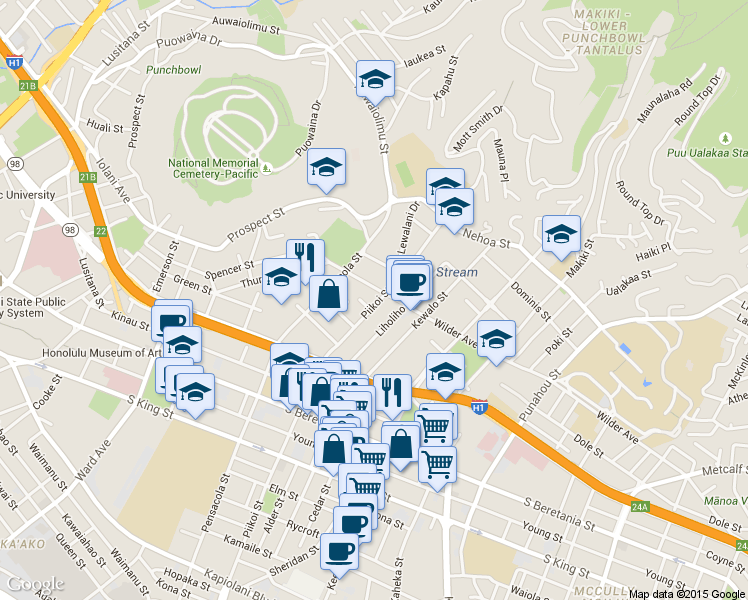 map of restaurants, bars, coffee shops, grocery stores, and more near 1150 Piikoi Place in Honolulu