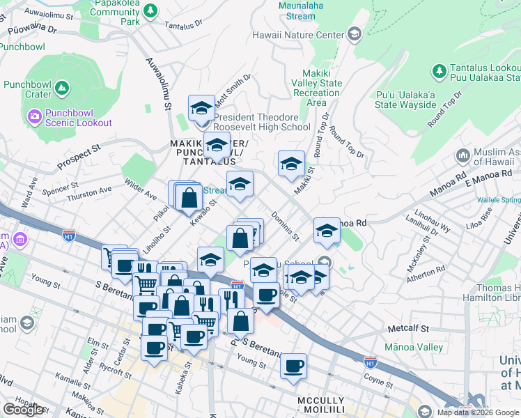 map of restaurants, bars, coffee shops, grocery stores, and more near 1707 Ke’eaumoku Street in Honolulu